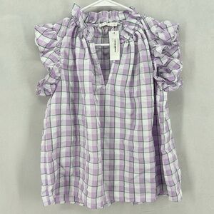 Karlie Women’s Large Purple White Plaid Check Capped Ruffle Sleeve Top Pullover